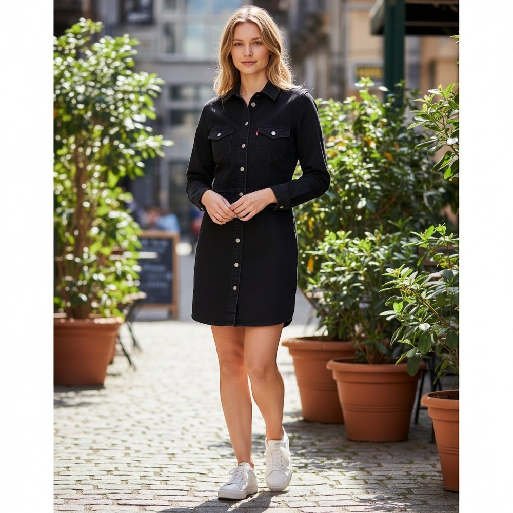 LEVI'S Dress Womens XS Black Long Sleeved Ellie Denim Preppy Academia Streetwear